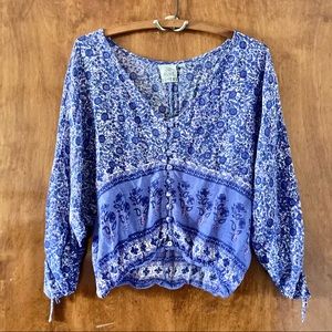 Blue Boheme Floral Print Boho Peasant Top